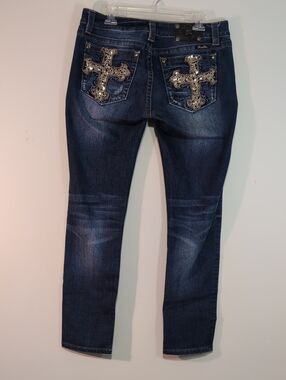 Miss Me Dark Blue Skinny Jeans with Embellished Cross Pockets
